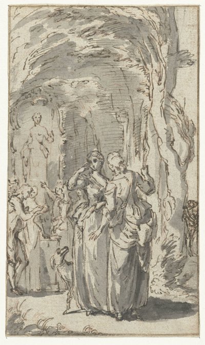 Illustration Design with Two Young Women and a Dog by Anonymous
