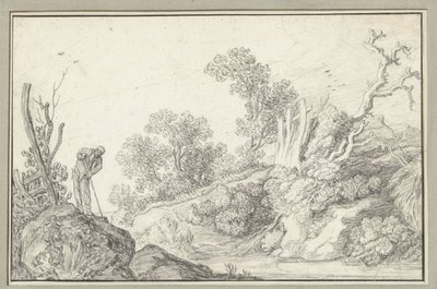 Landscape with Bare Tree and Man with Stick by Anonymous