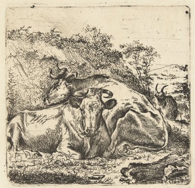 Landscape with Two Resting Cows by Anonymous