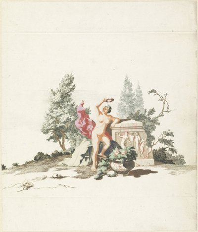 Naked Woman with a Laurel Wreath by a Monument by Anonymous