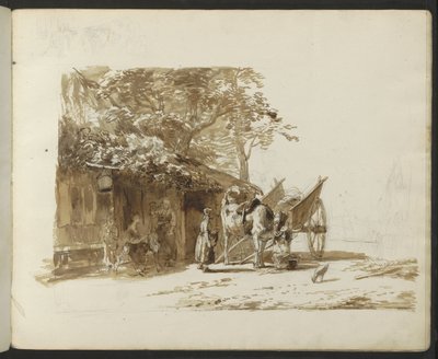 Ox Cart and Figures on a Village Street by Anonymous