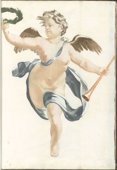 Putto with laurel wreath and trumpet by Anonymous