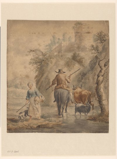 River Landscape with a Rider, Woman, and Cattle by Anonymous