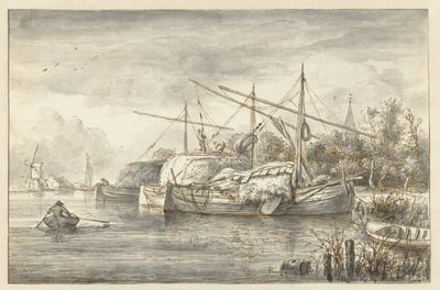 River Landscape with Several Hay Barges by Anonymous