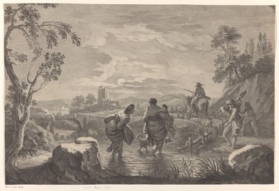 River landscape with crossing figures by Anonymous