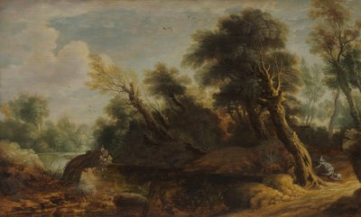 Wooded Landscape with a Wildfowler by a Stream by Anonymous