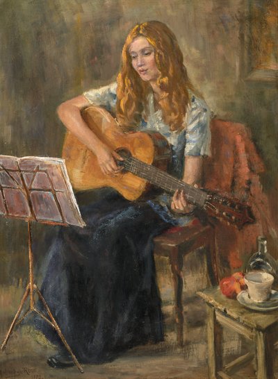Nichola playing her guitar by Anthea Durose
