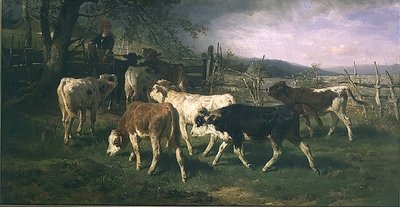 Girl at a gate with cattle by Anton Braith