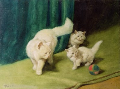 White Persian Cat with Two Kittens by Arthur Heyer