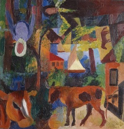 Landscape with Cows, Sailboat, and Figures by August Macke