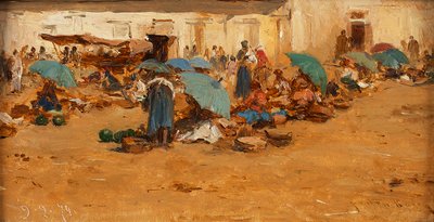 Hungarian Market with Blue Umbrellas by August von Pettenkofen