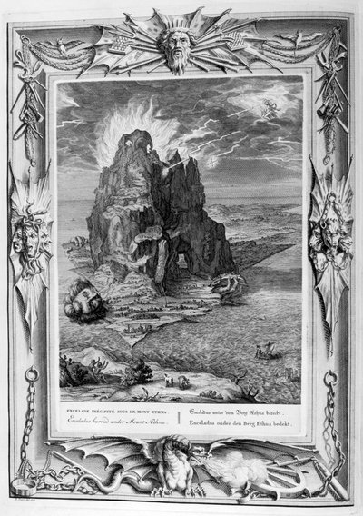 Enceladus buried underneath Mount Etna, 1733 by Bernard Picart