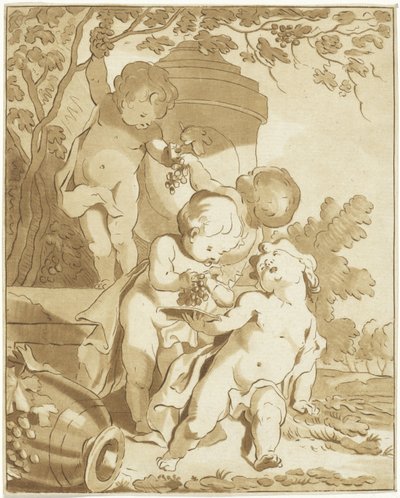 Four Putti Picking Grapes by a Vase by Bernhard Schreuder