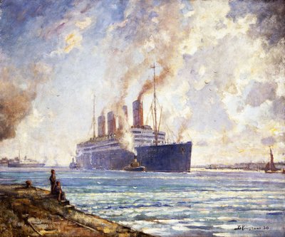 The Aquitania Coming Up Southampton Water by Bertram Priestman