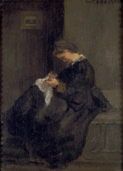 Mme Pissarro Sewing by Camille Pissarro