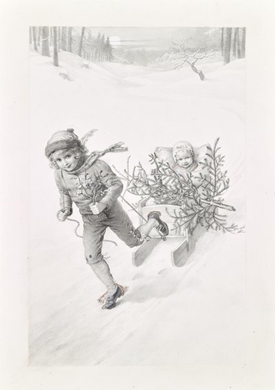 Two Children Riding through Winter Landscape by Carl Fröschl