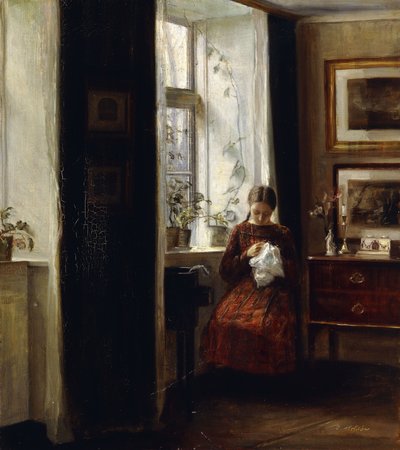 A Young Girl Sewing by Carl Holsoe
