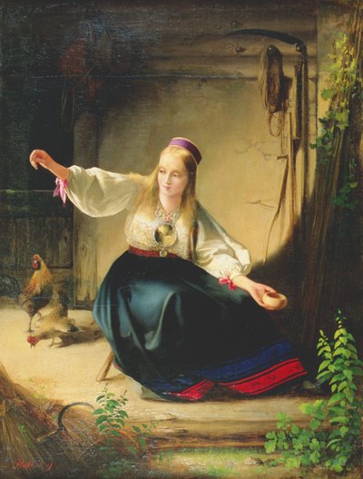 A Girl Feeding Hens by Carl Timoleon von Neff
