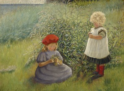 Two girls picking flowers by Cathrine Zernichow