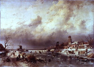 Frozen River Scene by Charles Henri Joseph Leickert