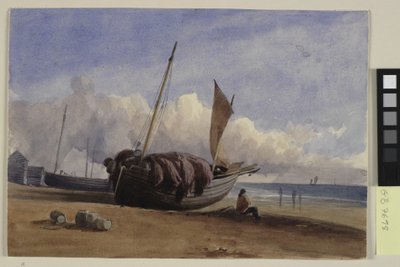 Beached Fishing Boat with Seated Fisherman by Charles Bentley