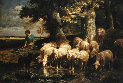 A Shepherdess with her Flock by Charles Emile Jacque