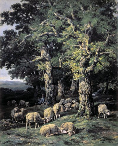 Sheep in the woods by Charles Ferdinand Ceramano