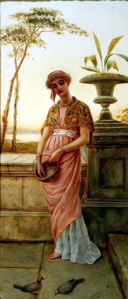 Classical Woman Feeding Birds by Charles Frederick Lowcock