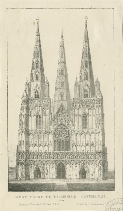 Lichfield Cathedral - West Front: Engraving by Charles Joseph Hullmandel