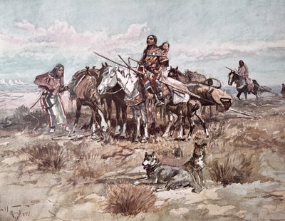 Native Americans Plains People moving camp by Charles Marion Russell