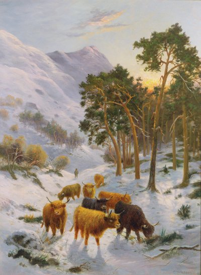 Highland Cattle in a Winter Landscape by Charles Watson