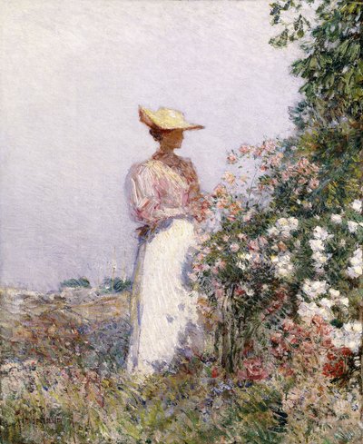 Lady in Flower Garden by Childe Frederick Hassam