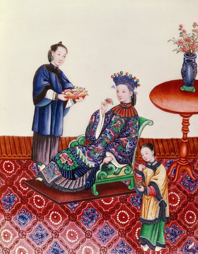 Elegant Chinese lady smelling a flower by Chinese School