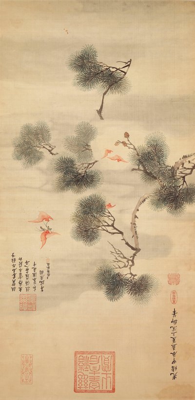 Five Bats Amidst a Pine Branch by Chinese School