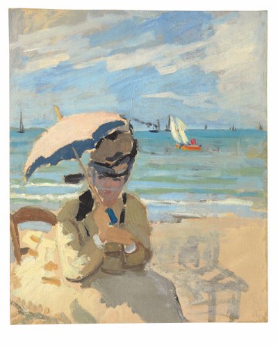 Camille sitting on the beach at Trouville by Claude Monet