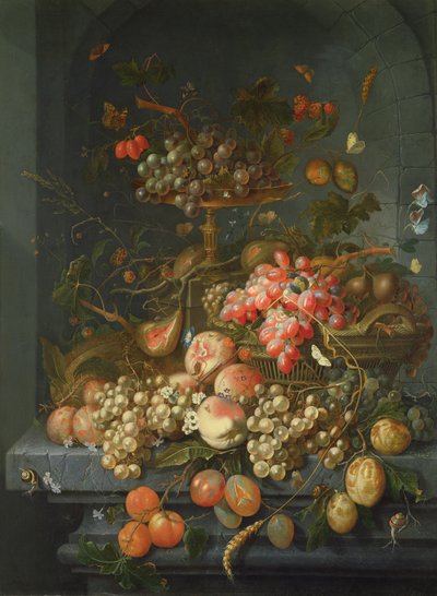 Still life of fruit on a ledge by Coenraet Roepel
