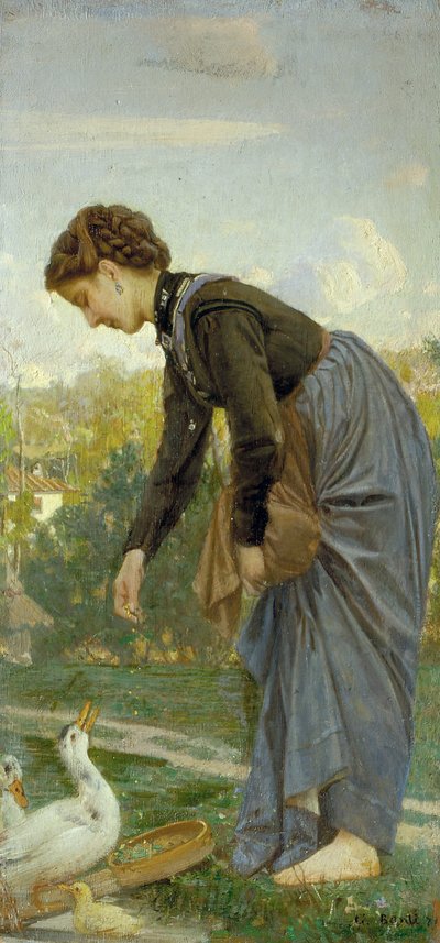 Girl feeding a duck by Cristiano Banti