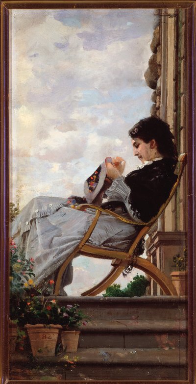 Woman Sewing on the Terrace by Cristiano Banti