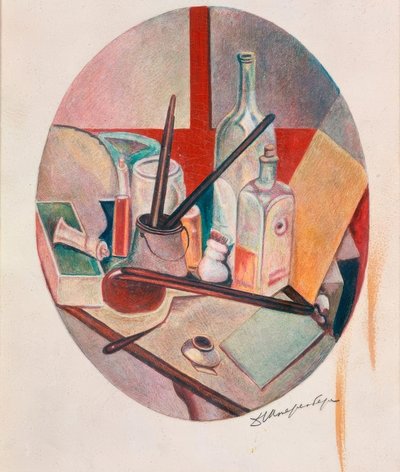 Oval Still Life with Bottle and Painting Supplies by David Petrowitsch Sterenberg