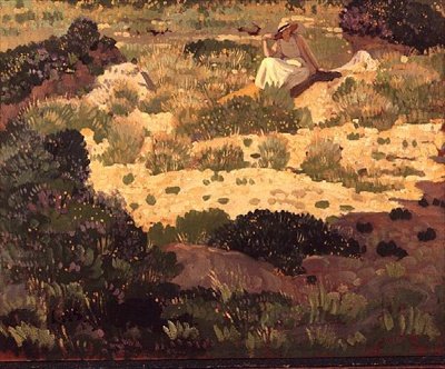 Girl Seated on a Sandy Bank by Derwent Lees