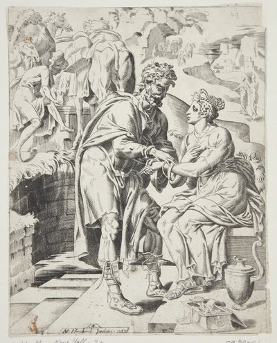 Eliezer Giving Rebecca the Bracelets by Dirck Volckertsz. Coornhert