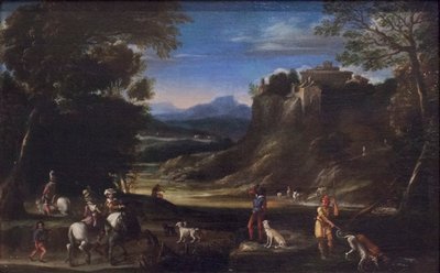 Wooded Landscape with Hunting Scene by Domenichino (1581 1641)