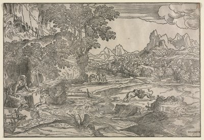 Landscape with Saint Jerome and Two Lions by Domenico Campagnola