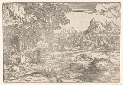 Landscape with Jerome and Two Lions by Domenico Campagnola