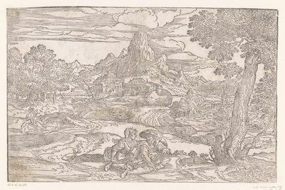 Landscape with Couple with a Hurdy-Gurdy by Domenico Campagnola