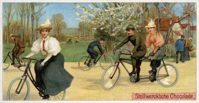 Men and women on bicycles by Dutch School