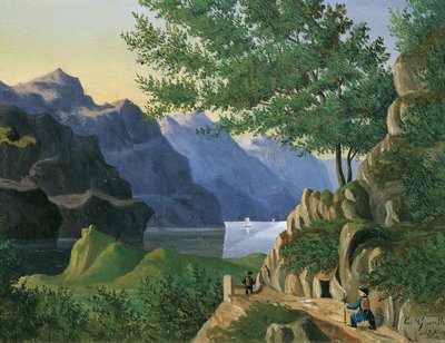 Mountain Lake with Wanderer by E. Guenther