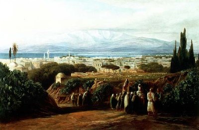 City with cemetery by Edward Lear