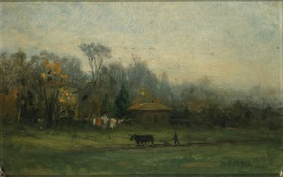 Untitled (landscape with man plowing fields) by Edward Mitchell Bannister