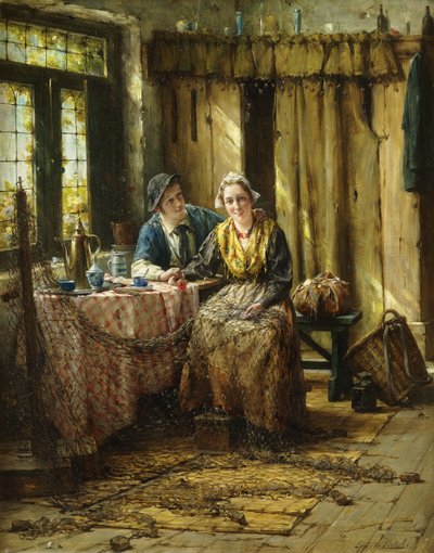 Fisherfolk in an Interior by Edward Portielje